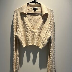 Cream, V-Neck Crop Knit Sweater